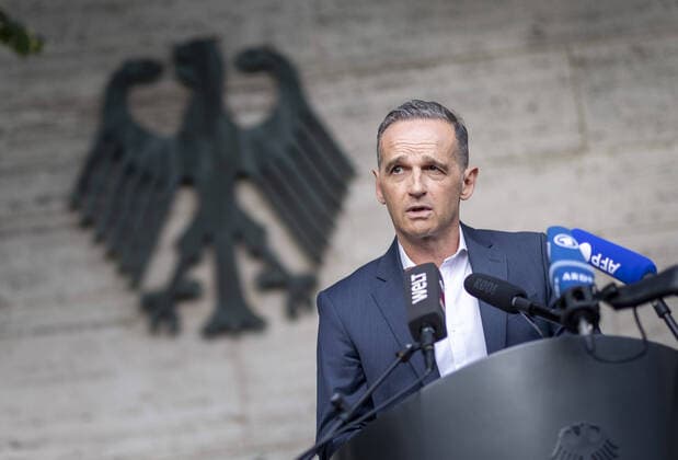 Bilder des Jahres 2021, News 08 August News Themen der Woche KW32 News Bilder des Tages Bundesaussenminister Heiko Maas, SPD, gibt ein Statement, zur Evakuierung deutscher Staatsbuerger aus Kabul Afghanistan, ab. Berlin Deutschland