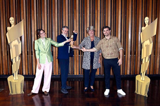 Bilder des Jahres 2021, Entertainment 08 August Entertainment Themen der Woche KW33 Entertainment Bilder des Tages Lea van Acken, Ulrich Matthes, Monika Grütters und Lucas Reiber bei der Nominierungsbekanntgabe zum Deutschen Filmpreis 2021 im Kino International. Berlin, 19.08.2021
