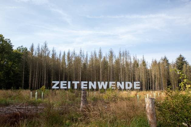Bilder des Jahres 2021, News 10 Oktober News Themen der Woche KW42 News Bilder des Tages Bonn, Kunstprojekt wald.anders.denken im Kottenforst. 18.10.2021 Bonn, Kottenforst. Das Projekt wald.anders.denken soll den Besuchern neue Aspekte zum Wald, seiner nachhaltigen Bewirtschaftung und globalen Bedeutung für das Weltklima ermöglichen. Foto: Riesiger Schriftzug: Zeitenwende. In Hintergrund sind Tote Fichten zusehen. Bonn Bad Godesberg Nordrhein-Westfalen Deutschland