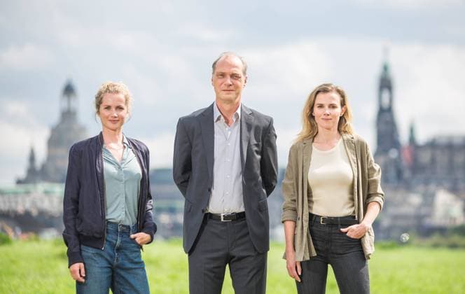 Die Hauptdarsteller des Tatort Dresden: Leonie Winkler, Martin Brambach, Karin Hanczewski.