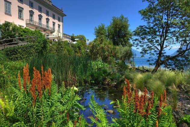 Villa und Gartenteich, botanischer Garten, Isole di Brissago, Lago Maggiore, Tessin, Langensee, Ticino, Brissago-Inseln, Schweiz, Europa Copyright: imageBROKER J.xKruse iblkjo05243933.jpg
