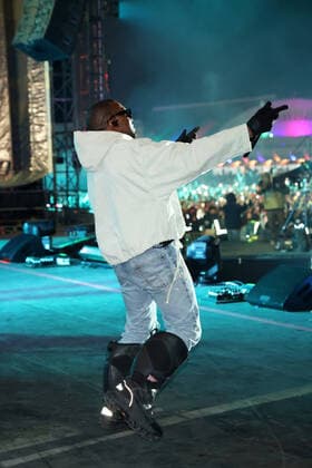 SAN BERNADINO, CA - DECEMBER 12: Kanye West surprise guest performance during Future s set at Rolling Loud California at the L.A. Coliseum in San Bernadino, California on December 12, 2021. Copyright: xWalikxGoshornx