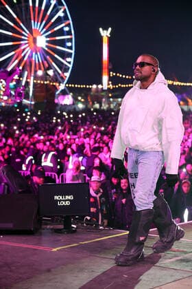 SAN BERNADINO, CA - DECEMBER 12: Kanye West surprise guest performance during Future s set at Rolling Loud California at the L.A. Coliseum in San Bernadino, California on December 12, 2021. Copyright: xWalikxGoshornx