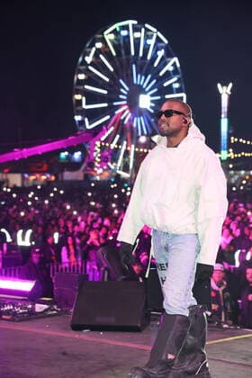 SAN BERNADINO, CA - DECEMBER 12: Kanye West surprise guest performance during Future s set at Rolling Loud California at the L.A. Coliseum in San Bernadino, California on December 12, 2021. Copyright: xWalikxGoshornx
