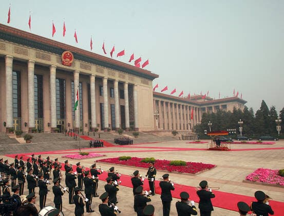 May 6, 2013, BEIJING, CHINA: Chinese President Xi Jinping and visiting Palestinian President Mahmoud Abbas listen to their respective national anthems during a welcoming ceremony at the Great Hall of the People in Beijing on May 6, 2013. China is hosting the leaders of Palestine and Israel this week in a sign of its desire for a larger role in the Middle East. China said it is willing to set up a meeting between the two countries, which have been deadlocked in talks for four years. BEIJING CHINA - ZUMAs139 20130506_zap_s139_024 Copyright: xStephenxShaverx