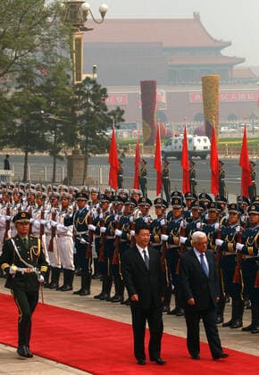 May 6, 2013, BEIJING, CHINA: Chinese President Xi Jinping (L) and visiting Palestinian President Mahmoud Abbas attend a welcoming ceremony at the Great Hall of the People in Beijing on May 6, 2013. China is hosting the leaders of Palestine and Israel this week in a sign of its desire for a larger role in the Middle East. China said it is willing to set up a meeting between the two countries, which have been deadlocked in talks for four years. UPI Stephen shave2 BEIJING CHINA - ZUMAs139 20130506_zap_s139_025 Copyright: xStephenxShaverx