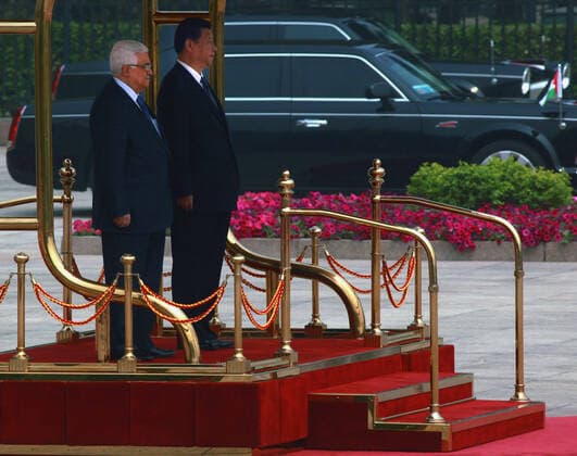 May 6, 2013, BEIJING, CHINA: Chinese President Xi Jinping (R) and visiting Palestinian President Mahmoud Abbas listen to their respective national anthems during a welcoming ceremony at the Great Hall of the People in Beijing on May 6, 2013. China is hosting the leaders of Palestine and Israel this week in a sign of its desire for a larger role in the Middle East. China said it is willing to set up a meeting between the two countries, which have been deadlocked in talks for four years. BEIJING CHINA - ZUMAs139 20130506_zap_s139_023 Copyright: xStephenxShaverx