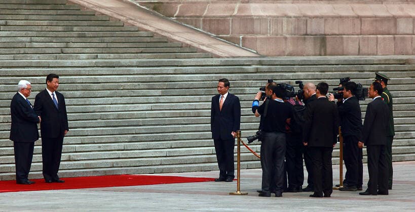 May 6, 2013, BEIJING, CHINA: Chinese President Xi Jinping (L) poses for the press with visiting Palestinian President Mahmoud Abbas during a welcoming ceremony at the Great Hall of the People in Beijing on May 6, 2013. China is hosting the leaders of Palestine and Israel this week in a sign of its desire for a larger role in the Middle East. China said it is willing to set up a meeting between the two countries, which have been deadlocked in talks for four years. BEIJING CHINA - ZUMAs139 20130506_zap_s139_009 Copyright: xStephenxShaverx