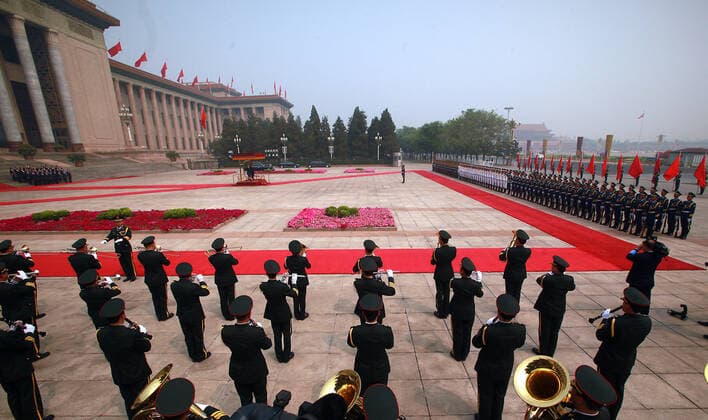 May 6, 2013, BEIJING, CHINA: Chinese President Xi Jinping and visiting Palestinian President Mahmoud Abbas listen to their respective national anthems during a welcoming ceremony at the Great Hall of the People in Beijing on May 6, 2013. China is hosting the leaders of Palestine and Israel this week in a sign of its desire for a larger role in the Middle East. China said it is willing to set up a meeting between the two countries, which have been deadlocked in talks for four years. BEIJING CHINA - ZUMAs139 20130506_zap_s139_011 Copyright: xStephenxShaverx