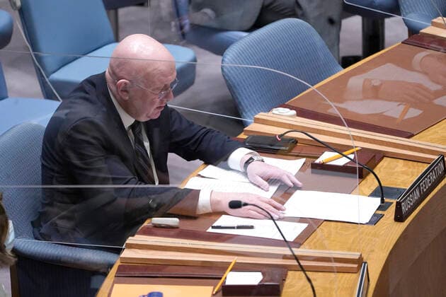 United Nations Security Council Holds A Session On Ukraine Ambassador Vassily Nebenzia permanent member of the Security Council from the Russian Federation speaks during a Security Council Meeting addressing the Russian invasion of Ukraine at the United Nations Headquarters on March, 18, 2022 in New York City, USA. Increasingly concerned about the invasion and the cost of civilian lives, members of the Security Council vehemently demanded that a pathway for immediate humanitarian relief and peace be set. New York city NY United States  Copyright: xJohnxLamparskix originalFilename: lamparski-unitedna220318_np5T5