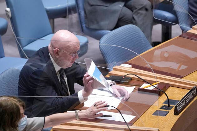 United Nations Security Council Holds A Session On Ukraine Ambassador Vassily Nebenzia permanent member of the Security Council from the Russian Federation speaks during a Security Council Meeting addressing the Russian invasion of Ukraine at the United Nations Headquarters on March, 18, 2022 in New York City, USA. Increasingly concerned about the invasion and the cost of civilian lives, members of the Security Council vehemently demanded that a pathway for immediate humanitarian relief and peace be set. New York city NY United States  Copyright: xJohnxLamparskix originalFilename: lamparski-unitedna220318_npCBz