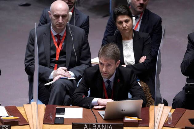 United Nations Security Council Holds A Session On Ukraine Ambassador Ferit Hoxha a permanent member to the Security Council from Albania speaks during a Security Council Meeting addressing the Russian invasion of Ukraine at the United Nations Headquarters on March, 18, 2022 in New York City, USA. Increasingly concerned about the invasion and the cost of civilian lives, members of the Security Council vehemently demanded that a pathway for immediate humanitarian relief and peace be set. New York city NY United States  Copyright: xJohnxLamparskix originalFilename: lamparski-unitedna220318_npR45