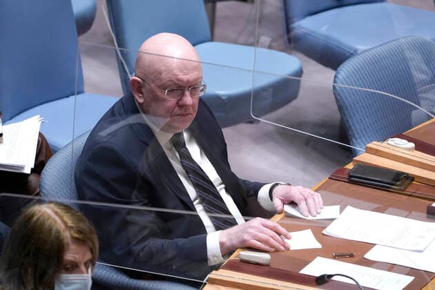 United Nations Security Council Holds A Session On Ukraine Ambassador Vassily Nebenzia permanent member of the Security Council from the Russian Federation speaks during a Security Council Meeting addressing the Russian invasion of Ukraine at the United Nations Headquarters on March, 18, 2022 in New York City, USA. Increasingly concerned about the invasion and the cost of civilian lives, members of the Security Council vehemently demanded that a pathway for immediate humanitarian relief and peace be set. New York city NY United States  Copyright: xJohnxLamparskix originalFilename: lamparski-unitedna220318_npPLn