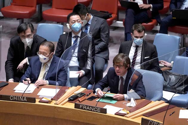 United Nations Security Council Holds A Session On Ukraine Ambassador Zhang Juan permanent member of the Security Council from China listens as Ambassador Nicolas de Riviere from France speaks during a Security Council Meeting addressing the Russian invasion of Ukraine at the United Nations Headquarters on March, 18, 2022 in New York City, USA. Increasingly concerned about the invasion and the cost of civilian lives, members of the Security Council vehemently demanded that a pathway for immediate humanitarian relief and peace be set. New York city NY United States  Copyright: xJohnxLamparskix originalFilename: lamparski-unitedna220318_npenZ