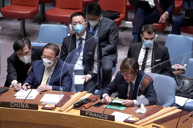 United Nations Security Council Holds A Session On Ukraine Ambassador Zhang Juan permanent member of the Security Council from China listens as Ambassador Nicolas de Riviere from France speaks during a Security Council Meeting addressing the Russian invasion of Ukraine at the United Nations Headquarters on March, 18, 2022 in New York City, USA. Increasingly concerned about the invasion and the cost of civilian lives, members of the Security Council vehemently demanded that a pathway for immediate humanitarian relief and peace be set. New York city NY United States  Copyright: xJohnxLamparskix originalFilename: lamparski-unitedna220318_nphOw
