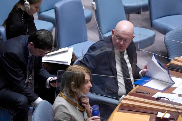 United Nations Security Council Holds A Session On Ukraine Ambassador Vassily Nebenzia permanent member of the Security Council from the Russian Federation speaks during a Security Council Meeting addressing the Russian invasion of Ukraine at the United Nations Headquarters on March, 18, 2022 in New York City, USA. Increasingly concerned about the invasion and the cost of civilian lives, members of the Security Council vehemently demanded that a pathway for immediate humanitarian relief and peace be set. New York city NY United States  Copyright: xJohnxLamparskix originalFilename: lamparski-unitedna220318_np5Gf