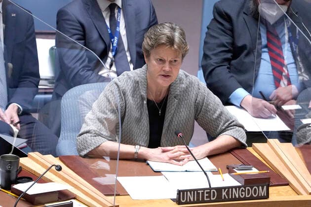 United Nations Security Council Holds A Session On Ukraine Ambassador Barbara Woodward, permanent representative from the United Kingdom to the Security Council speaks during a Security Council Meeting addressing the Russian invasion of Ukraine at the United Nations Headquarters on March, 18, 2022 in New York City, USA. Increasingly concerned about the invasion and the cost of civilian lives, members of the Security Council vehemently demanded that a pathway for immediate humanitarian relief and peace be set. New York city NY United States  Copyright: xJohnxLamparskix originalFilename: lamparski-unitedna220318_npfwV