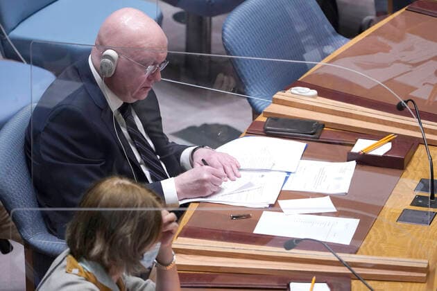 United Nations Security Council Holds A Session On Ukraine Ambassador Vassily Nebenzia permanent member of the Security Council from the Russian Federation speaks during a Security Council Meeting addressing the Russian invasion of Ukraine at the United Nations Headquarters on March, 18, 2022 in New York City, USA. Increasingly concerned about the invasion and the cost of civilian lives, members of the Security Council vehemently demanded that a pathway for immediate humanitarian relief and peace be set. New York city NY United States  Copyright: xJohnxLamparskix originalFilename: lamparski-unitedna220318_npk0f