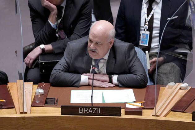United Nations Security Council Holds A Session On Ukraine Ambassador Ronaldo Costafilho a permanent member of the Security Council from Brazil speaks during a Security Council Meeting addressing the Russian invasion of Ukraine at the United Nations Headquarters on March, 18, 2022 in New York City, USA. Increasingly concerned about the invasion and the cost of civilian lives, members of the Security Council vehemently demanded that a pathway for immediate humanitarian relief and peace be set. New York city NY United States  Copyright: xJohnxLamparskix originalFilename: lamparski-unitedna220318_npMfJ