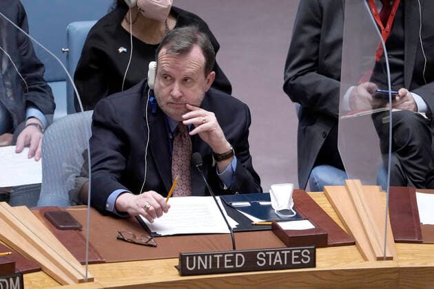 United Nations Security Council Holds A Session On Ukraine Richard M. Mills, Deputy Representative of the United States of America to the United Nations listens during a Security Council Meeting addressing the Russian invasion of Ukraine at the United Nations Headquarters on March, 18, 2022 in New York City, USA. Increasingly concerned about the invasion and the cost of civilian lives, members of the Security Council vehemently demanded that a pathway for immediate humanitarian relief and peace be set. New York city NY United States  Copyright: xJohnxLamparskix originalFilename: lamparski-unitedna220318_npfXO