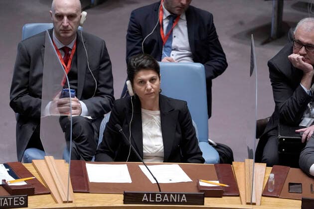 United Nations Security Council Holds A Session On Ukraine A representative form Albania listens during a Security Council Meeting addressing the Russian invasion of Ukraine at the United Nations Headquarters on March, 18, 2022 in New York City, USA. Increasingly concerned about the invasion and the cost of civilian lives, members of the Security Council vehemently demanded that a pathway for immediate humanitarian relief and peace be set. New York city NY United States  Copyright: xJohnxLamparskix originalFilename: lamparski-unitedna220318_npTrM