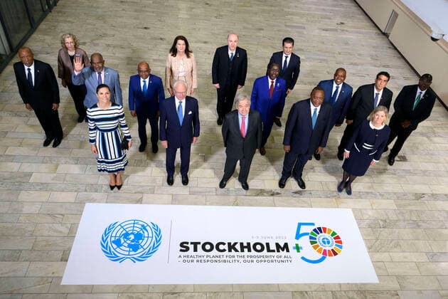 First row Crown Princess Victoria, King Carl Gustaf, UN Secretary General António Guterres, Kenyan President Uhuru Kenyatta and Sweden s Prime Minister Magdalena Andersson and in the second row Inger Andersen, Executive Director of the UN Environment Program and Sweden s Foreign Minister A  Copyright: xJessicaxGow TTx STOCKHOLM +50
