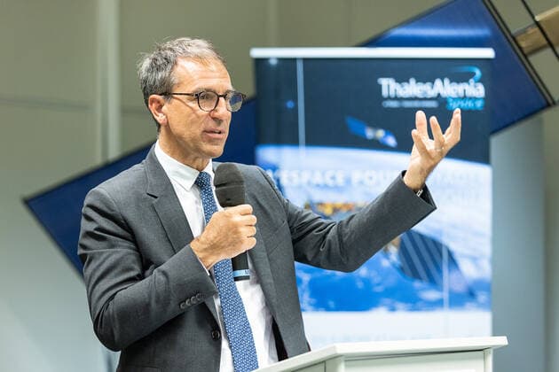 Thales Belgium CEO Alain Quevrin pictured during a visit to Thales Alenia Space, in Mont-sur-Marchienne, Charleroi, Tuesday 14 June 2022. The management of Thales Alenia Space will discuss the promising Newspace themes of the satellite sector: electric propulsion, digitalization of satellites for greater flexibility of missions, constellations and sustainability of space. In a context of accelerating innovation, it will discuss its Open Innovation approach with the ecosystem of startups, SMEs and research laboratories, particularly at local and European level.  JAMESxARTHURxGEKIERE 36358367