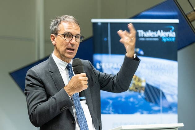 Thales Belgium CEO Alain Quevrin pictured during a visit to Thales Alenia Space, in Mont-sur-Marchienne, Charleroi, Tuesday 14 June 2022. The management of Thales Alenia Space will discuss the promising Newspace themes of the satellite sector: electric propulsion, digitalization of satellites for greater flexibility of missions, constellations and sustainability of space. In a context of accelerating innovation, it will discuss its Open Innovation approach with the ecosystem of startups, SMEs and research laboratories, particularly at local and European level.  JAMESxARTHURxGEKIERE 36358368