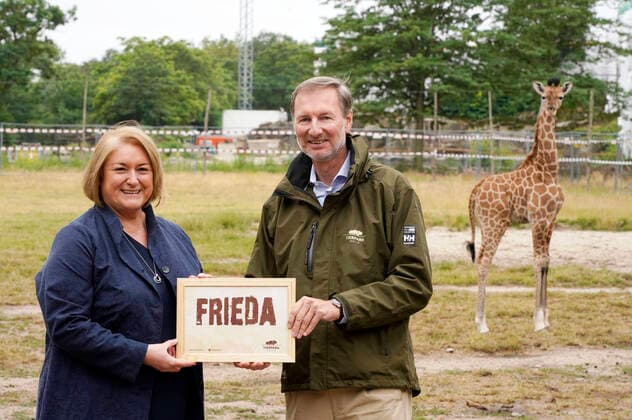 Bilder des Jahres 2022, Entertainment 07 Juli Entertainment Themen der Woche KW27 Entertainment Bilder des Tages Sabine Pentrop und Tierparkdirektor Andreas Knieriem bei der Taufe des jüngsten Giraffennachwuchses auf den Namen Frieda. Die kleine Giraffe kam am 21. Juni 2022 im Tierpark Berlin zur Welt. Berlin, 08.07.2022