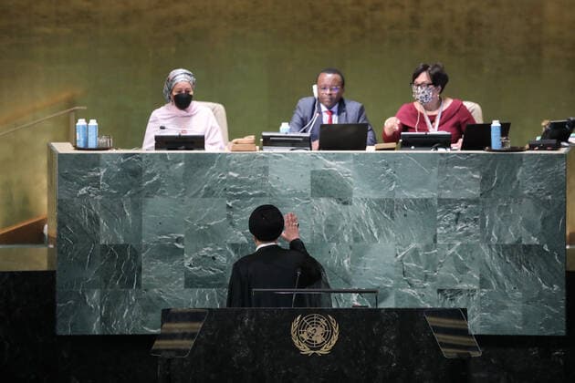 September 21, 2022, New York, New York, United States: Iranian president EBRAHIM RAISI react after delivering his address during the 77th General Debate inside the General Assembly Hall at United Nations Headquarters in New York, New York, USA, 21 September 2022. New York United States - ZUMAi98_ 20220921_zih_i98_061 Copyright: xIranianxPresidencyx