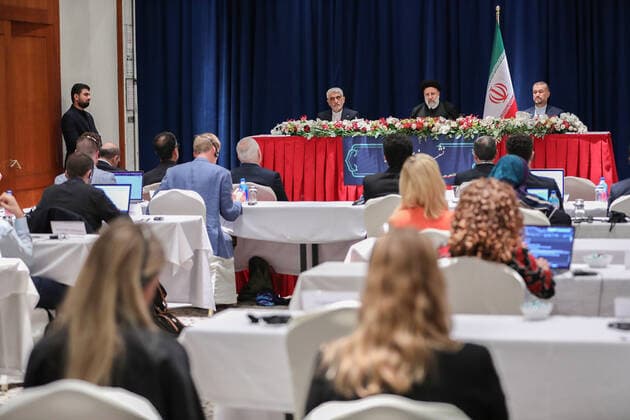 September 23, 2022, NEW YORK, NEW YORK, UNITED STATES: Iranian President EBRAHIM RAISI speaks during a press conference in New York on September 22, 2022. NEW YORK UNITED STATES - ZUMAi98_ 20220923_zih_i98_015 Copyright: xIranianxPresidencyx