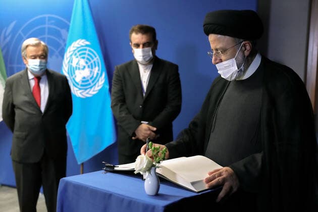 September 23, 2022, NEW YORK, NEW YORK, UNITED STATES: Iranian President EBRAHIM (R) RAISI meets Secretary-General of the United Nations AntoÂ³nio Guterres (L), on the sidelines of the 77th United Nations General Assembly at UN headquarters in New York on September 23, 2022. NEW YORK UNITED STATES - ZUMAi98_ 20220923_zih_i98_018 Copyright: xIranianxPresidencyx