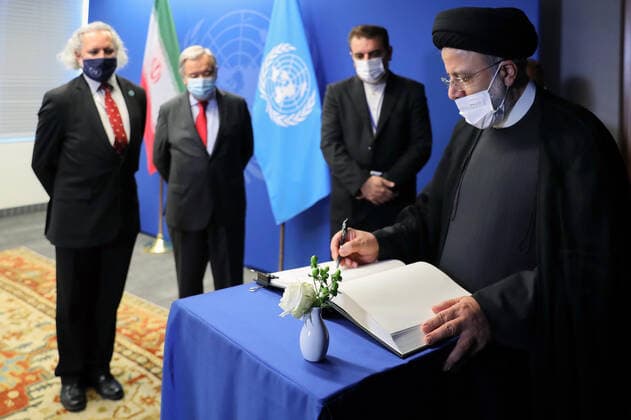 September 23, 2022, NEW YORK, NEW YORK, UNITED STATES: Iranian President EBRAHIM (R) RAISI meets Secretary-General of the United Nations AntoÂ³nio Guterres (2L), on the sidelines of the 77th United Nations General Assembly at UN headquarters in New York on September 23, 2022. NEW YORK UNITED STATES - ZUMAi98_ 20220923_zih_i98_019 Copyright: xIranianxPresidencyx