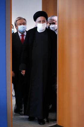 September 23, 2022, NEW YORK, NEW YORK, UNITED STATES: Iranian President EBRAHIM (R) RAISI meets Secretary-General of the United Nations AntoÂ³nio Guterres (L), on the sidelines of the 77th United Nations General Assembly at UN headquarters in New York on September 23, 2022. NEW YORK UNITED STATES - ZUMAi98_ 20220923_zih_i98_020 Copyright: xIranianxPresidencyx