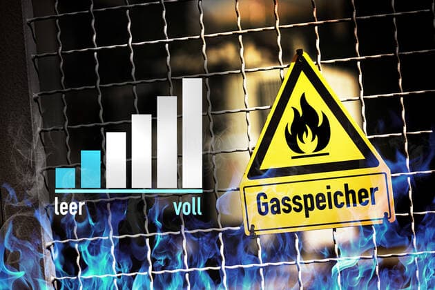 FOTOMONTAGE, Schild mit Gasflamme, fast leerer Ladestandsanzeige und Aufschrift Gasspeicher