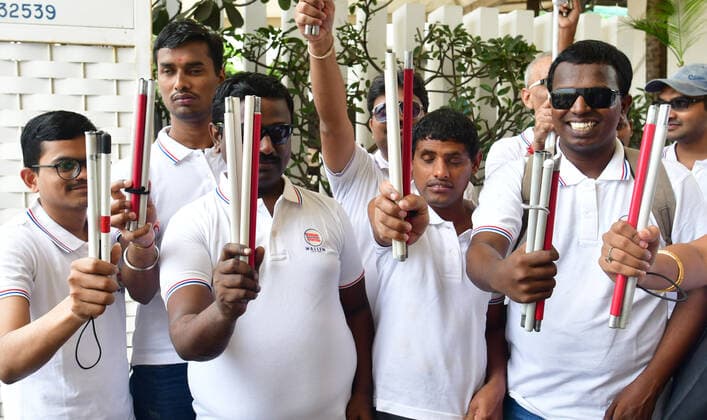 MUMBAI, INDIA ? OCTOBER 15: Students of National Association for the Blind (NAB) along with school staff celebrate the World White Cane Day to create awareness, at Worli, on October 15, 2022 in Mumbai, India. World White Cane Day is celebrated on October 15 to recognise the importance of white canes for blind people, who want to safely travel and maintain their independence. The day aims to recognise the active participation of blind people in society and celebrate their achievements. (Photo by Bhushan Koyande Hindustan Times ) World White Cane Day 2022