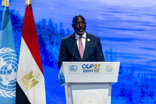 COP27 In Sharm El Sheikh - Day 3 George Manneh Weah, President of Liberia delivers his national statement during the High-Level Segment for Heads of State and Government summit on the third day of the COP27 UN Climate Change Conference, held by UNFCCC in Sharm El-Sheikh International Convention Center, Egypt on November 8, 2022. COP27, running from November 6 to November 18 in Sharm El Sheikh focuses on implementation of measures already agreed during previous COPs. The Conference in Sharm El Sheikh focuses also on the most vulnerable communities as the climate crisis hardens life conditions of those already most disadvantaged. Sharm El Sheikh South Sinai Egypt  Copyright: xDominikaxZarzyckax originalFilename: zarzycka-cop27ins221108_npahU.jpg