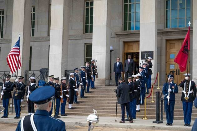 January 26, 2023, Washington, DC, United States of America: U.S Secretary of Defense Lloyd Austin, right, stands with Albanian Defense Minister Niko Peleshi during the arrival ceremony at the Pentagon, January 26, 2023 in Washington, D.C. Washington United States of America - ZUMAp138 20230126_zaa_p138_006 Copyright: xTsgt.xJackxSanders Dodx