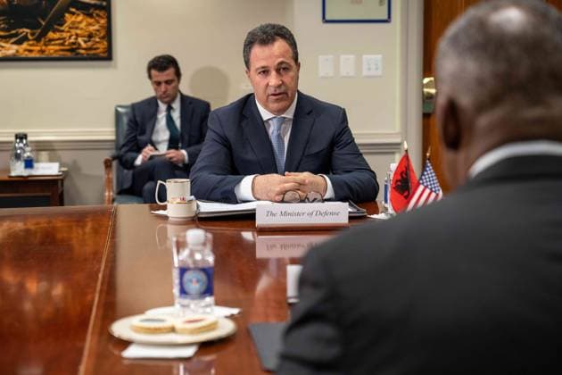 January 26, 2023, Washington, DC, United States of America: Albanian Defense Minister Niko Peleshi delivers remarks during a bilateral meeting hosted by U.S Secretary of Defense Lloyd Austin, right, at the Pentagon, January 26, 2023 in Washington, D.C. Washington United States of America - ZUMAp138 20230126_zaa_p138_008 Copyright: xTsgt.xJackxSanders Dodx