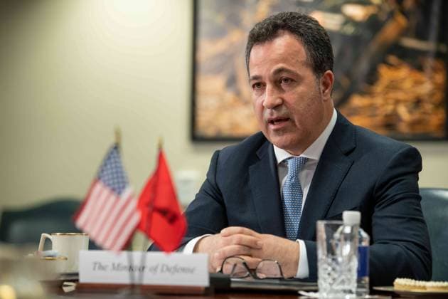 January 26, 2023, Washington, DC, United States of America: Albanian Defense Minister Niko Peleshi delivers remarks during a bilateral meeting hosted by U.S Secretary of Defense Lloyd Austin at the Pentagon, January 26, 2023 in Washington, D.C. Washington United States of America - ZUMAp138 20230126_zaa_p138_011 Copyright: xTsgt.xJackxSanders Dodx