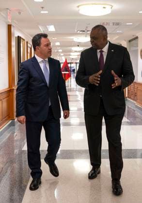 January 26, 2023, Washington, DC, United States of America: U.S Secretary of Defense Lloyd Austin, right, escorts Albanian Defense Minister Niko Peleshi to their bilateral meeting at the Pentagon, January 26, 2023 in Washington, D.C. Washington United States of America - ZUMAp138 20230126_zaa_p138_018 Copyright: xTsgt.xJackxSanders Dodx