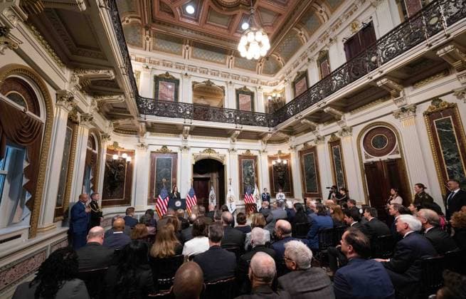 January 31, 2023, Washington, DC, United States of America: U.S Vice President Kamala Harris delivers remarks before presenting former NASA astronaut Douglas Hurley, and Robert Behnken the Congressional Space Medal of Honor during a ceremony in the Indian Treaty Room of the Eisenhower Executive Office Building at the White House, January 31, 2023 in Washington, D.C. Hurley and Behnken were awarded the medal for bravery in the NASA SpaceX Demonstration Mission-2 to the International Space Station. Washington United States of America - ZUMAp138 20230131_zaa_p138_021 Copyright: xJoelxKowsky Nasax