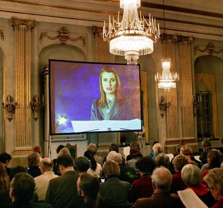 STOCKHOLM 20041207 On Tuesday evening, this years Nobel lecture by literature laureate Elfriede Jelinek was held at the Stock Exchange building in Stockholm However, the lecture was pre-recorded on TV because of Jelineks social phobia and was shown on three large screens PHOTO JONAS EKSTRÖMER CODE 1030 COPYRIGHT SCANPIX SWEDEN STOCKHOLM SWEDEN x1030x  Copyright: xJONASxEKSTRÖMERx NOBEL 2004 LITTERATUR