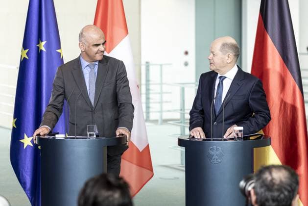 Pressekonferenz mit Bundeskanzler Olaf Scholz mit dem BundesprâˆöÂßsidenten der Schweizerischen Eidgenossenschaft, Alain Berset im Bundeskanzleramt in Berlin, 18.04.2023. Berlin Deutschland