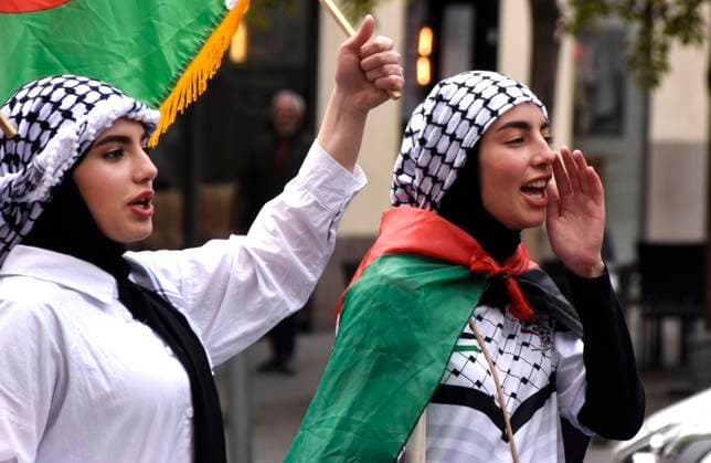 May 14, 2023, Madrid, Spain: Protesters chant slogans while marching with flags during the demonstration. March against Israel for the 75th anniversary of the Nakba in Madrid Madrid Spain - ZUMAs197 20230514_zaa_s197_697 Copyright: xRichardxZubelzux