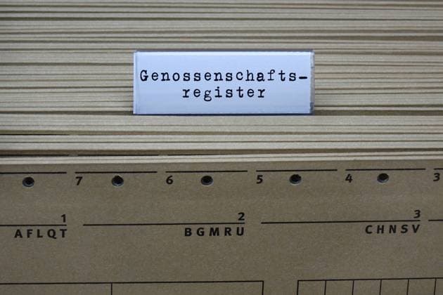 Hängeregister und Genossenschaftsregister Hängeregister und Genossenschaftsregister, 20.05.2023, Borkwalde, Brandenburg, An einem Hängeregister steht der Schriftzug Genossenschaftsregister.