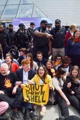 May 23, 2023, London, England, United Kingdom: Climate activists stage a protest outside Excel Centre in East London during oil giant Shell s Annual General Meeting. Dozens of activists also made it into the venue and disrupted the oil giant s meeting before being carried and escorted out by security. London United Kingdom - ZUMAv130 20230523_zip_v130_048 Copyright: xVukxValcicx