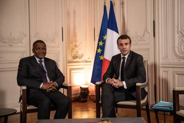 Emmanuel Macron Hosts Bilateral Meetings At Choose France Summit - Versailles Nigerian business magnate Aliko Dangote (L) poses next to French president Emmanuel Macron (R) prior to a meeting as part of the second edition of the Choose France summit, on January 21, 2019 in Versailles. Photo by Laurence Geai pool ABACAPRESS.COM Versailles France  Copyright: xPool ABACAx 667037_009 Pool ABACAx 667037_009