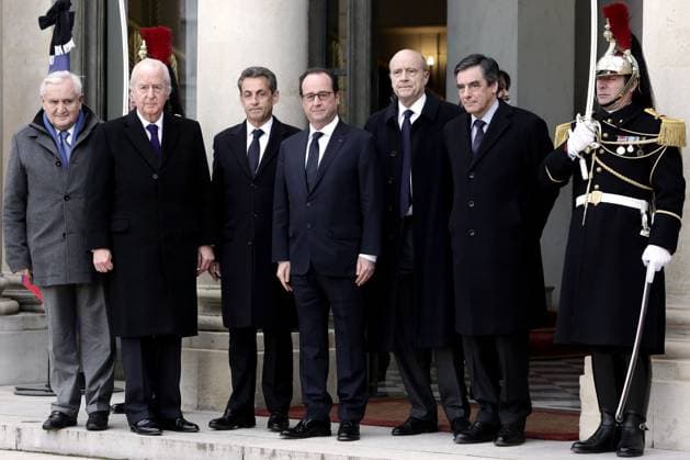 French National Unity Rally - President Hollande Welcomes Heads Of State - Paris French President Francois Hollande welcomes Jean-Pierre Raffarin, Edouard Balladur, Nicolas Sarkozy, Alain Juppe and Francois Fillon at the Elysee Presidential Palace on January 11, 2015 in Paris prior to take part to the demonstration in tribute to the 17 victims of a three-day killing spree by homegrown Islamists. The killings began on January 7 with an assault on the Charlie Hebdo satirical magazine in Paris that saw two brothers massacre 12 people including some of the country s best-known cartoonists, the killing of a policewoman and the storming of a Jewish supermarket on the eastern fringes of the capital which killed 4 local residents. Photo by Stephane  Copyright: xLemoutonxStephane ABACAx 482902_041 LemoutonxStephane ABACAx 482902_041