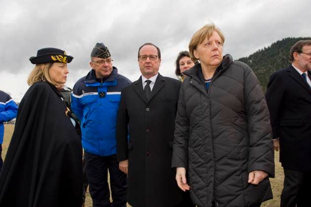 Germanwings Airbus Crash - Hollande, Merkel And Rajoy On Site - Le Vernet German Chancellor Angela Merkel, French President Francois Hollande and Spanish Prime Minister Mariano Rajoy meet rescuers in Seyne-les-Alpes on March 25, 2015, a day after a German Airbus A320 of the low-cost carrier Germanwings crashed, killing all 150 people on board. The jet had taken off from Barcelona in Spain and was headed for Duesseldorf in Germany. Seyne-les-Alpes France  Copyright: xPool ABACAx 493460_016 Pool ABACAx 493460_016